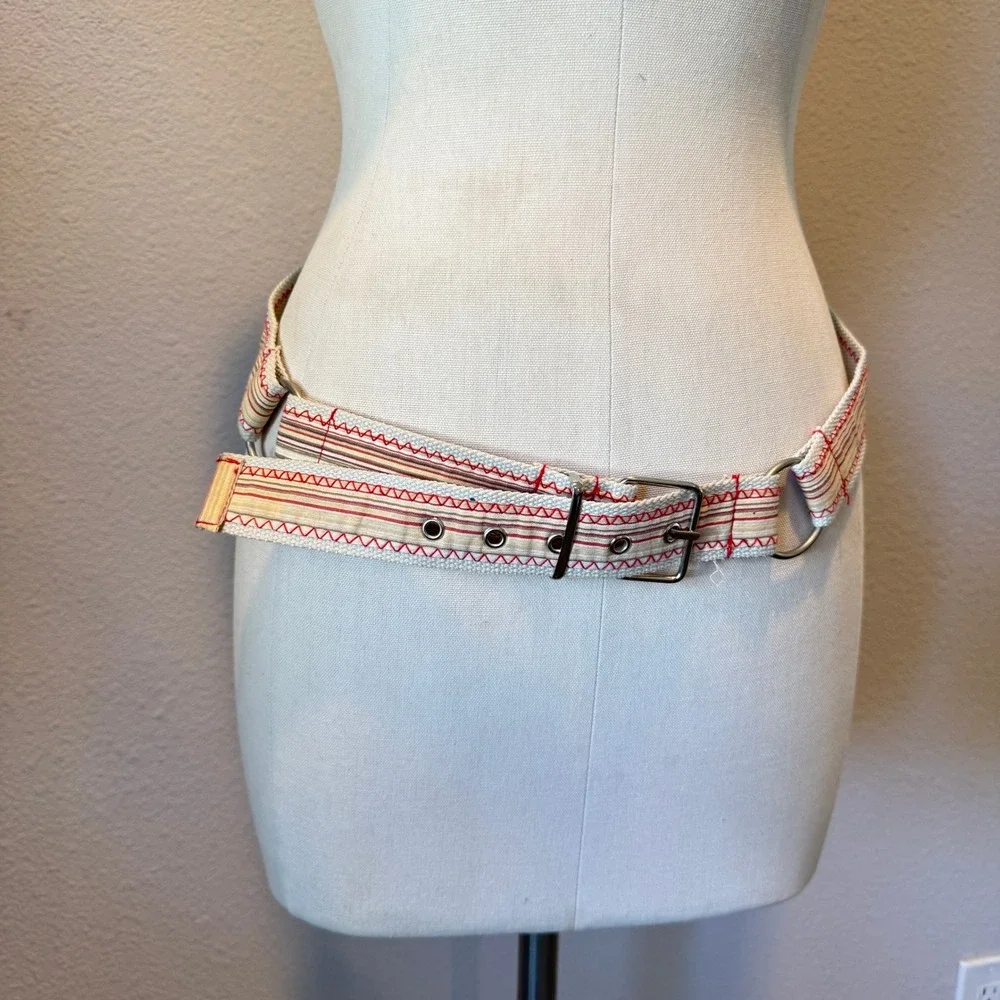 Woven Canvas Striped Belt Red Cream Silver Buckle D-Ring Grommet Casual Boho